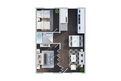 Floor plan for 2 beds, 1 bath, 724 sqft